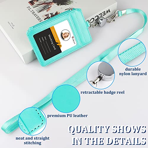 Teskyer Leather Badge Holder with Lanyard and Retractable Badge Reel, 4 Card Slots ID Card Holder with 1 Zipper Pocket for Office School Name Work IDs, Green - Image 3