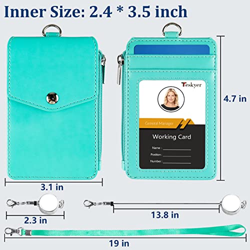 Teskyer Leather Badge Holder with Lanyard and Retractable Badge Reel, 4 Card Slots ID Card Holder with 1 Zipper Pocket for Office School Name Work IDs, Green - Image 5