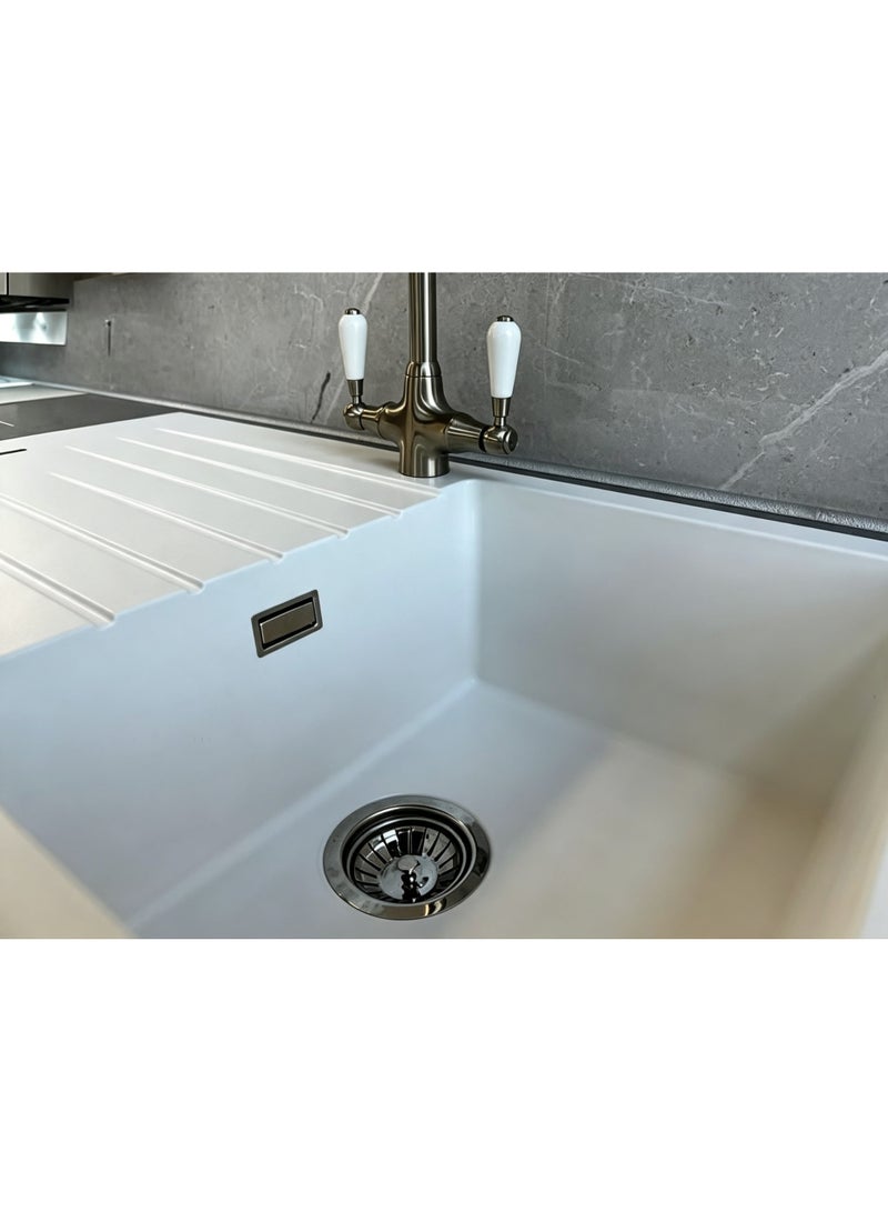 ELITE ADL-8650GA Top Mount Granite Kitchen Sink – White Single Bowl Sink with Drainboard, 86cm - Image 3