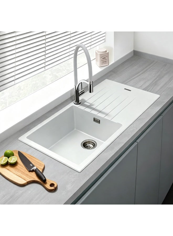 ELITE ADL-8650GA Top Mount Granite Kitchen Sink – White Single Bowl Sink with Drainboard, 86cm - Image 2