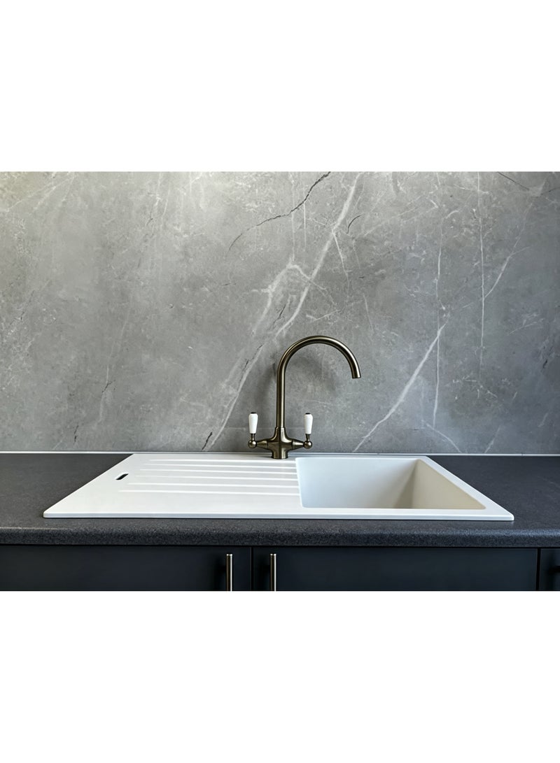 ELITE ADL-8650GA Top Mount Granite Kitchen Sink – White Single Bowl Sink with Drainboard, 86cm - Image 4
