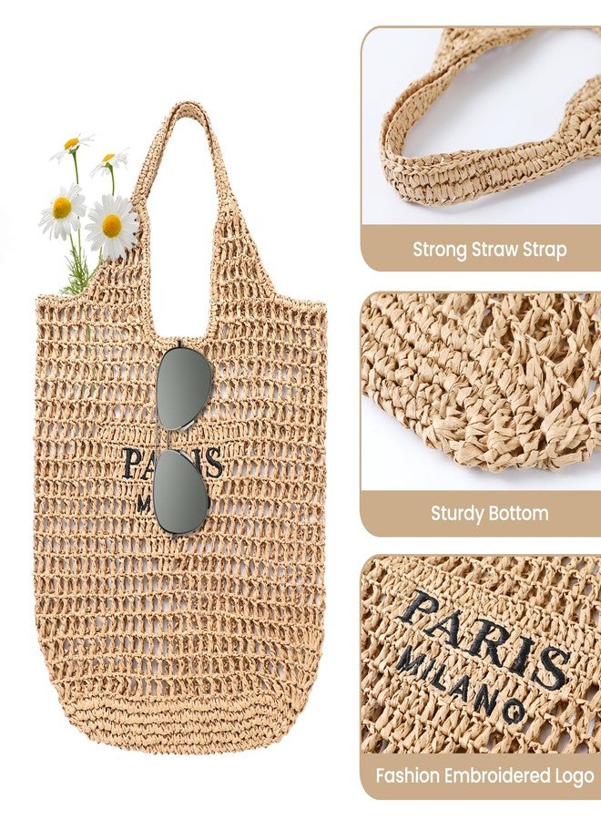 Pleneal Straw Beach Bags for Women - Women Beach Handmade Woven Tote Bag, Summer Mesh Hollow Shoulder Bag for Holiday Market - Image 4