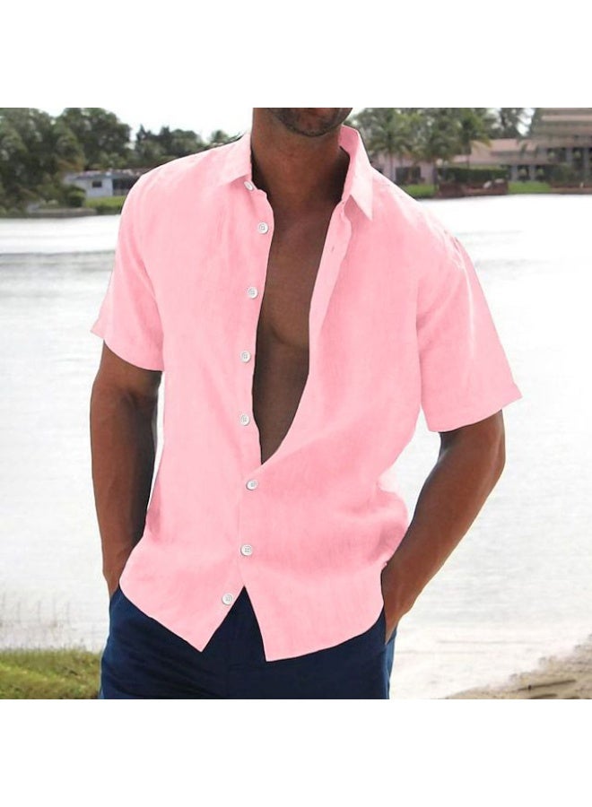 Men's Thin Short Sleeve Linen Shirt Casual Pure Color Lapel Simple Open Cardigan Summer Fashion Male Apparel Linen Blouse - Image 1