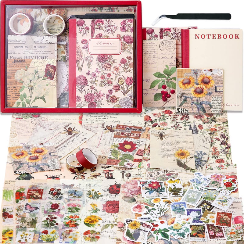 emmoolife Vintage Aesthetic Scrapbooking Supplies Kit Flowers Botanical Bullet Junk Journal Kit with Journaling Supplies Tweezers A6 Grid NotebookStationerySticker Birthday Craft Gift for Adult