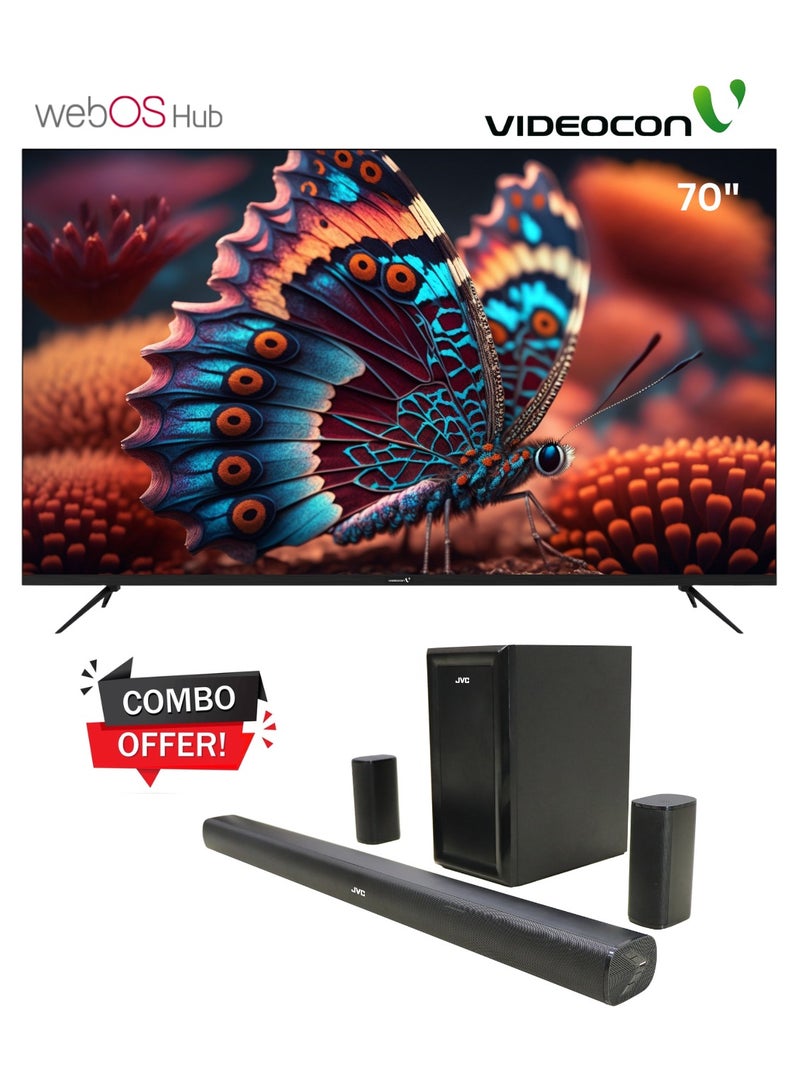 VIDEOCON 70 Inch Edgeless 4K UHD WebOs Smart TV A+ Grade Panel With Magic Remote + 5.1 CH Soundbar With Wireless Subwoofer Combo E70ELWO1100+TH-N430B Black - Image 1