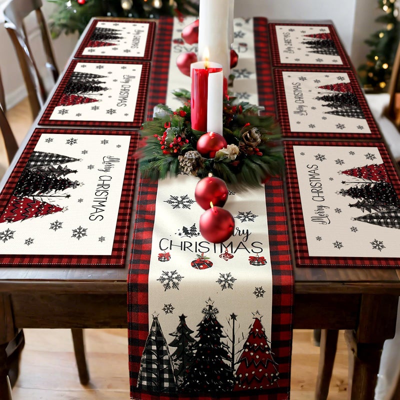 Patelai 7 Pcs Christmas Table Runner and Placemats Set Merry Christmas Buffalo Plaid Table Runner Xmas Placemats Red Black for Holiday Kitchen Dining Room Decor Party Wedding Decoration - Image 2