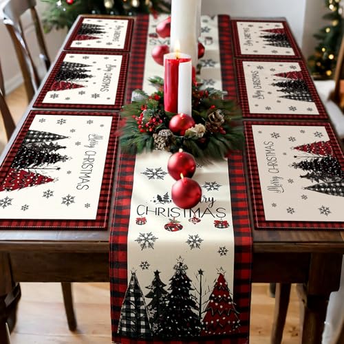 Patelai 7 Pcs Christmas Table Runner and Placemats Set Merry Christmas Buffalo Plaid Table Runner Xmas Placemats Red Black for Holiday Kitchen Dining Room Decor Party Wedding Decoration - Image 1