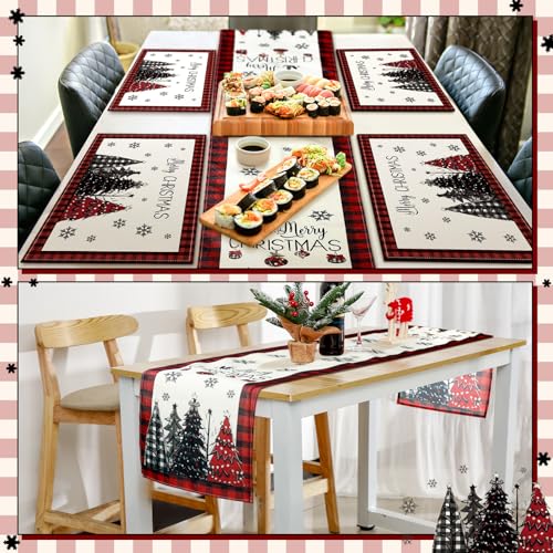 Patelai 7 Pcs Christmas Table Runner and Placemats Set Merry Christmas Buffalo Plaid Table Runner Xmas Placemats Red Black for Holiday Kitchen Dining Room Decor Party Wedding Decoration - Image 3