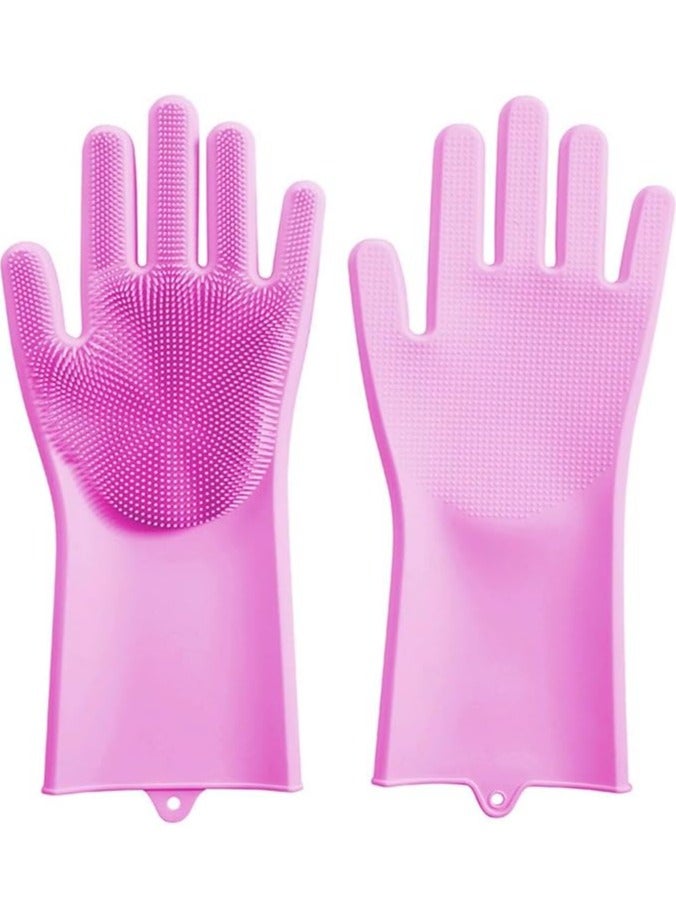 ON MART Silicone Gloves With Wash Scrubber Waterproof Dishwashing Cleaning Rubber Gloves Heat Resistant Ideal for Hygienic Cleaning of Kitchen, Glove, Household, Washing Pets, Toilet, Washing Car (Pink) - Image 1