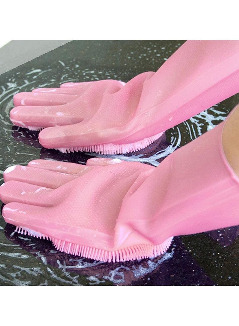ON MART Silicone Gloves With Wash Scrubber Waterproof Dishwashing Cleaning Rubber Gloves Heat Resistant Ideal for Hygienic Cleaning of Kitchen, Glove, Household, Washing Pets, Toilet, Washing Car (Pink) - Image 3