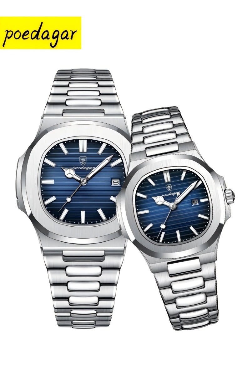 پوداجار الفولاذ المقاوم للصدأ حزام زوجين الكوارتز ووتش مجموعة، الفاخرة مضيئة للماء التقويم ووتش هدية للرجال النساء - Image 1