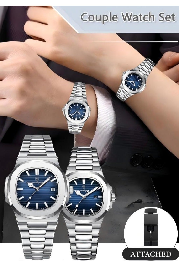پوداجار الفولاذ المقاوم للصدأ حزام زوجين الكوارتز ووتش مجموعة، الفاخرة مضيئة للماء التقويم ووتش هدية للرجال النساء - Image 2
