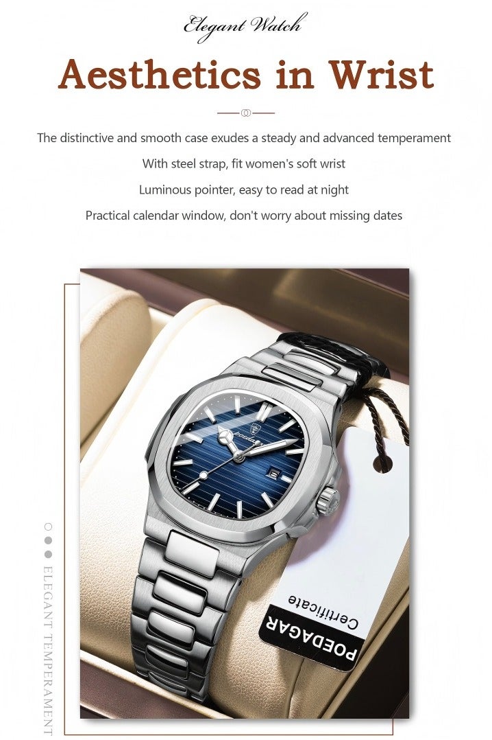 پوداجار الفولاذ المقاوم للصدأ حزام زوجين الكوارتز ووتش مجموعة، الفاخرة مضيئة للماء التقويم ووتش هدية للرجال النساء - Image 5