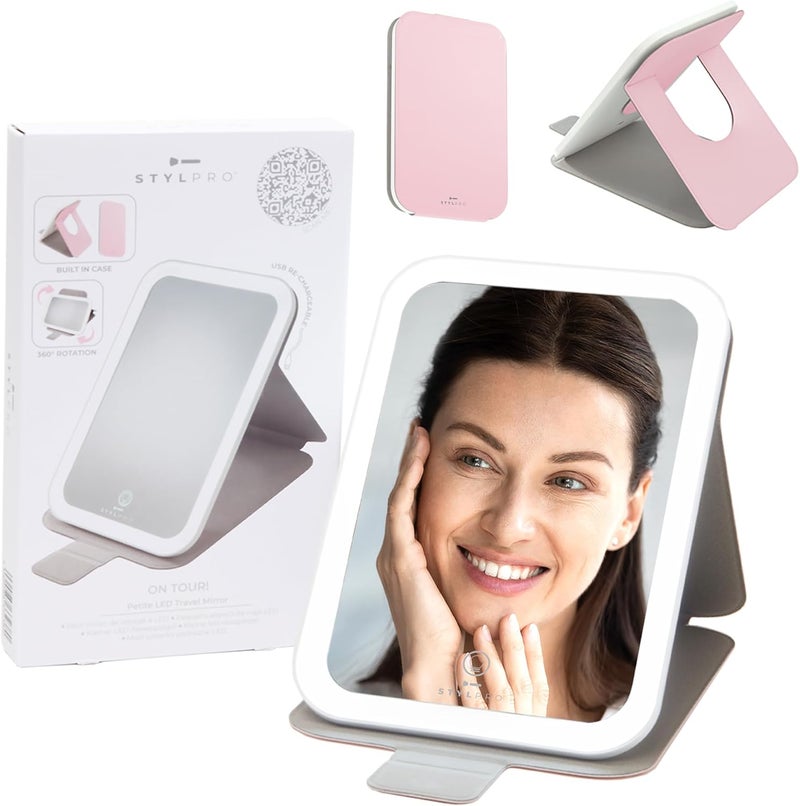 STYLPRO On Tour Petite LED Travel Mirror Portable Light Up Makeup Mirror with 3 Dimmable Settings USBC Rechargeable FoldFlat Case Stand Ideal Hand Held Desk for Travel TouchUps