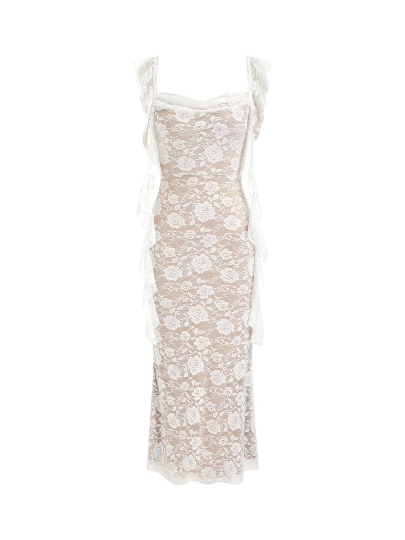 CIDER Formal Dresses for Women Wedding Guest Dresses Floral Maxi Dress Sleeveless Lace Ruffle Cocktail Bodycon Dress: Ivory, XL - Image 1