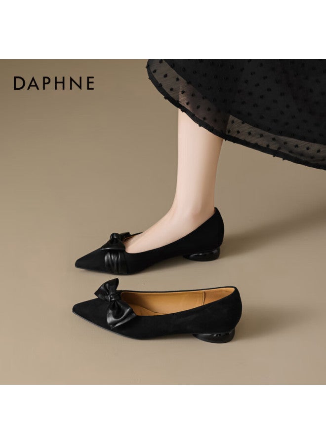 Daphne Women's Leather Flats Bowknot Decor Elegant Low Heel Pointed Toe Black Size 35 - Image 2