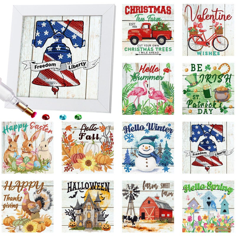 Trandraft 13 Pcs Interchangeable Holiday Small Diamond Art Kits for Adults 5D Seasonal Diamond Painting Calendar 2026 with Frame for Holiday Table Decor Art Craft Gift(Stylish Style) - Image 1