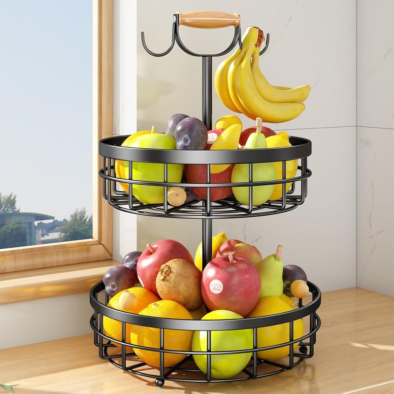 SAYZH 2Tier Fruit Basket Bowl Vegetable Storage with Dual Banana Tree Hanger and Wood Lift Handle Kitchen Countertop Metal Wire Basket for Bread Onions Potatoes Black 2 Tier - Image 1