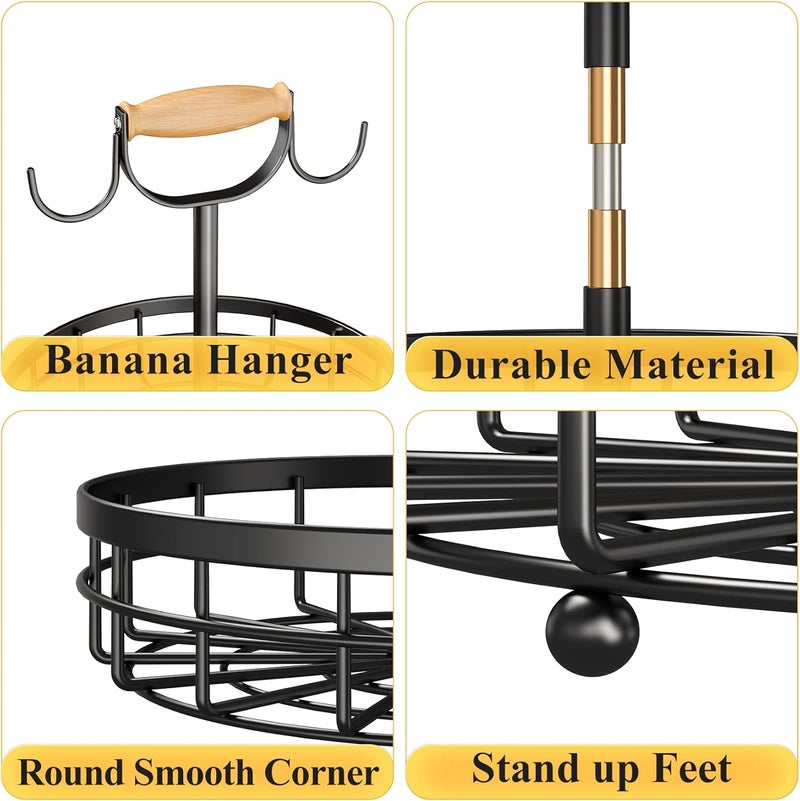 SAYZH 2Tier Fruit Basket Bowl Vegetable Storage with Dual Banana Tree Hanger and Wood Lift Handle Kitchen Countertop Metal Wire Basket for Bread Onions Potatoes Black 2 Tier - Image 3