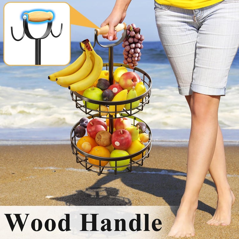 SAYZH 2Tier Fruit Basket Bowl Vegetable Storage with Dual Banana Tree Hanger and Wood Lift Handle Kitchen Countertop Metal Wire Basket for Bread Onions Potatoes Black 2 Tier - Image 2