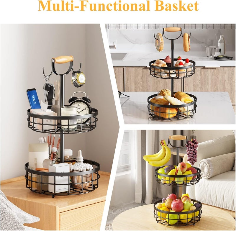 SAYZH 2Tier Fruit Basket Bowl Vegetable Storage with Dual Banana Tree Hanger and Wood Lift Handle Kitchen Countertop Metal Wire Basket for Bread Onions Potatoes Black 2 Tier - Image 5