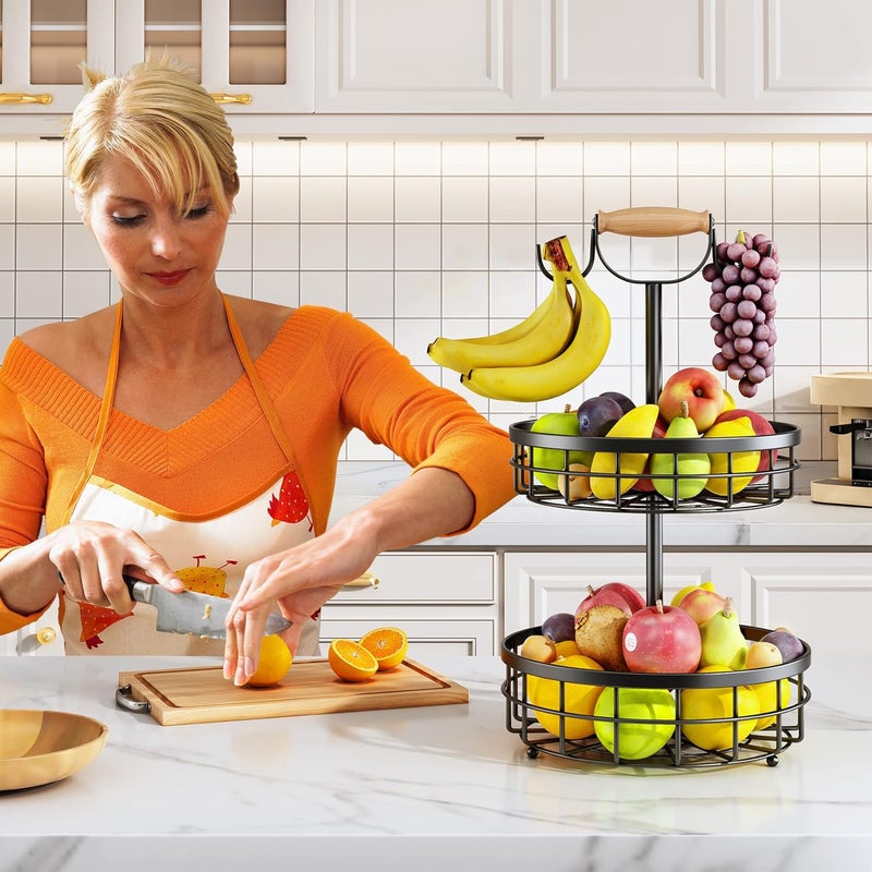 SAYZH 2Tier Fruit Basket Bowl Vegetable Storage with Dual Banana Tree Hanger and Wood Lift Handle Kitchen Countertop Metal Wire Basket for Bread Onions Potatoes Black 2 Tier - Image 4