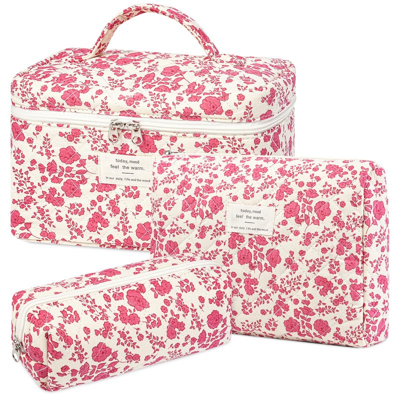 senbowe Floral Makeup Bag 3 Pack Large Cotton Quilted Makeup Bag Set Cute Floral Coquette Aesthetic Toiletry Bag Make Up Cosmetic Bag for Women Toiletry Travel Make Up Organizer Bag - Image 2