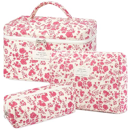 senbowe Floral Makeup Bag 3 Pack Large Cotton Quilted Makeup Bag Set Cute Floral Coquette Aesthetic Toiletry Bag Make Up Cosmetic Bag for Women Toiletry Travel Make Up Organizer Bag - Image 1