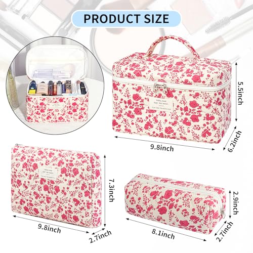 senbowe Floral Makeup Bag 3 Pack Large Cotton Quilted Makeup Bag Set Cute Floral Coquette Aesthetic Toiletry Bag Make Up Cosmetic Bag for Women Toiletry Travel Make Up Organizer Bag - Image 3