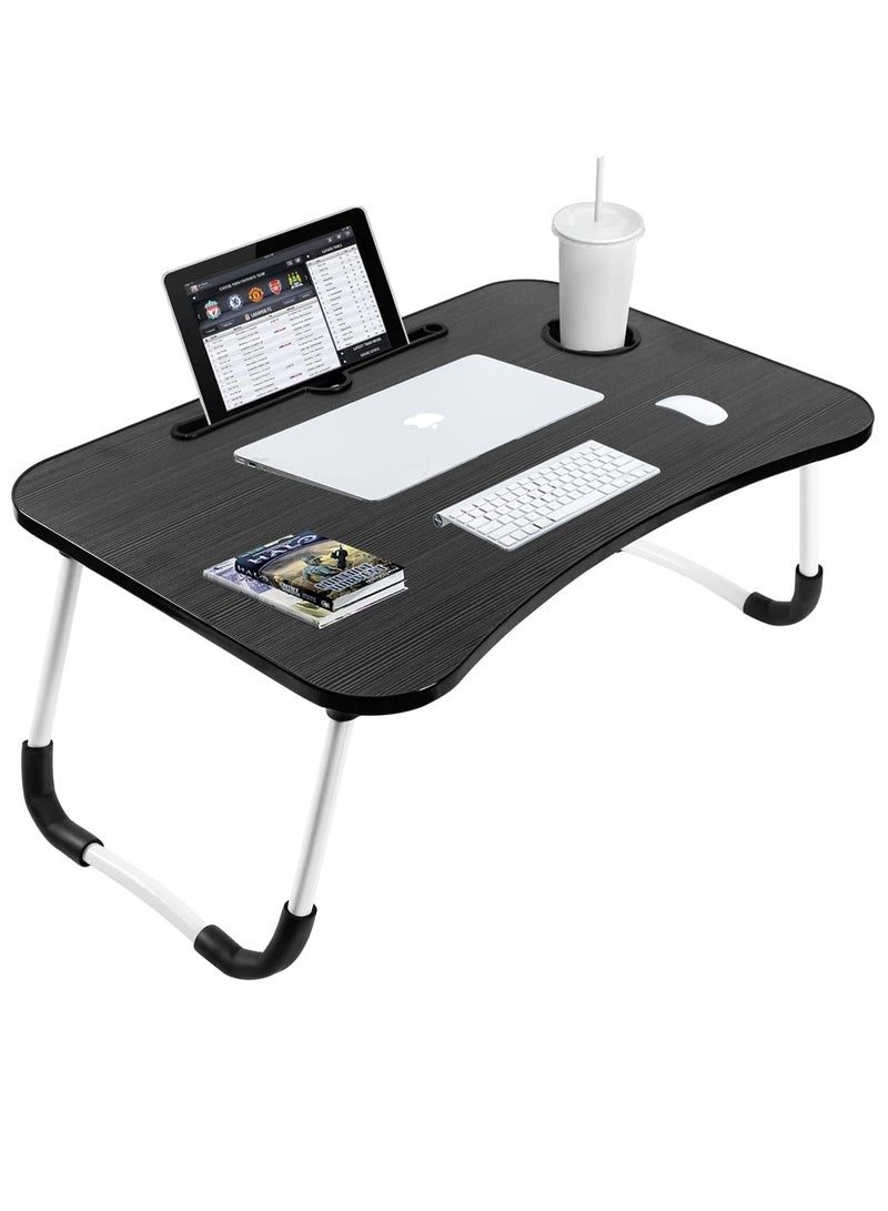 Meetion Portable Folding Laptop Desk for Bed，With iPad and Cup Holder Adjustable Lap Tray Notebook Stand， Foldable Non-Slip Legs Reading Table Tray for working，studying，camping 60x40x28cm Black - Image 1