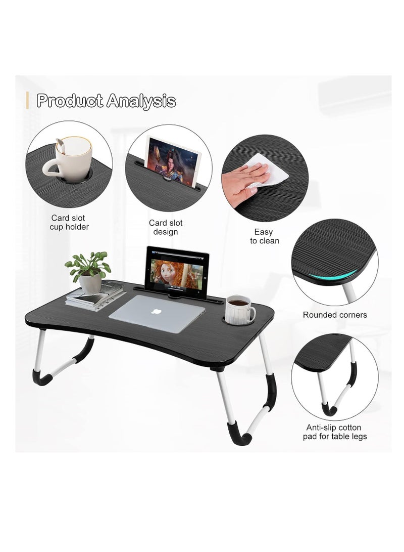 Meetion Portable Folding Laptop Desk for Bed，With iPad and Cup Holder Adjustable Lap Tray Notebook Stand， Foldable Non-Slip Legs Reading Table Tray for working，studying，camping 60x40x28cm Black - Image 3