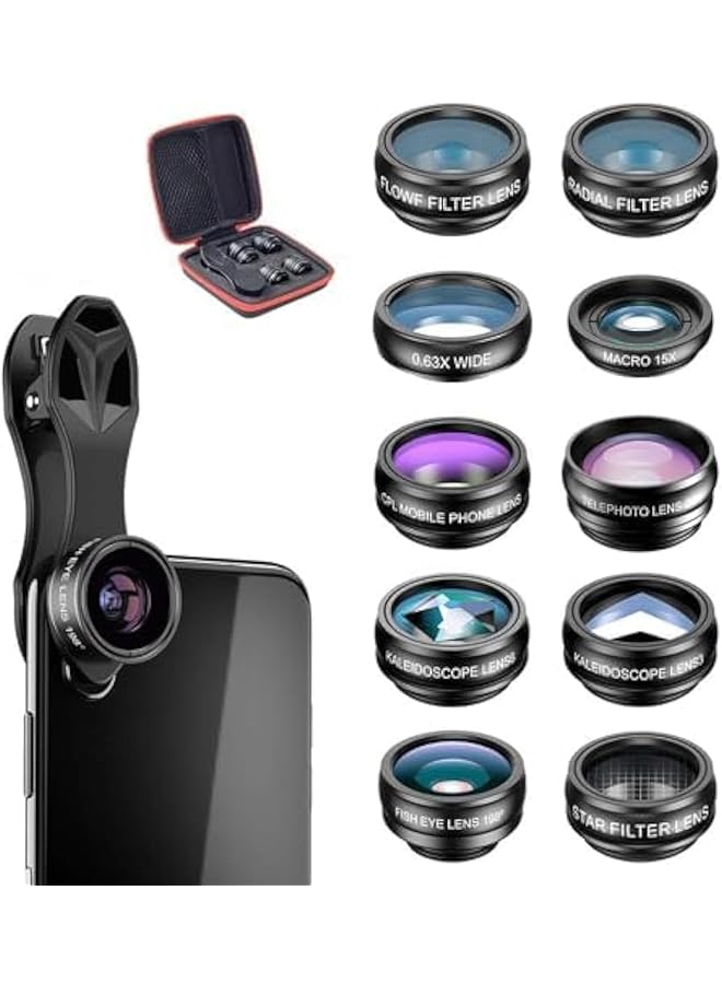إيروريكس مجموعة عدسات كاميرا الهاتف 10 في 1، عدسة عين السمكة ذات الزاوية العريضة، عدسة ماكرو، مرشح Cpl، عدسة منظار الكالييدوسكوب وعدسة تلسكوب 2X للهواتف الذكية - Image 1