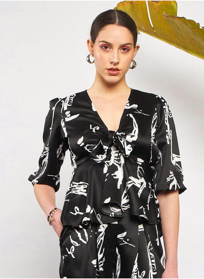 SASSAFRAS - Abstract Print Front Tie Top & Pants Co-Ord by Styli - Image 1