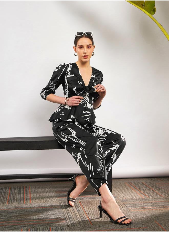 SASSAFRAS - Abstract Print Front Tie Top & Pants Co-Ord by Styli - Image 1