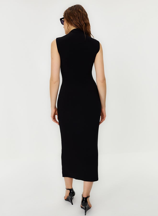 trendyol Black Zero Sleeve Draped Bodycone/Fits Body Flexible Knitted Maxi Pencil Dress - Image 5