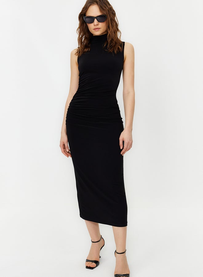 trendyol Black Zero Sleeve Draped Bodycone/Fits Body Flexible Knitted Maxi Pencil Dress - Image 1