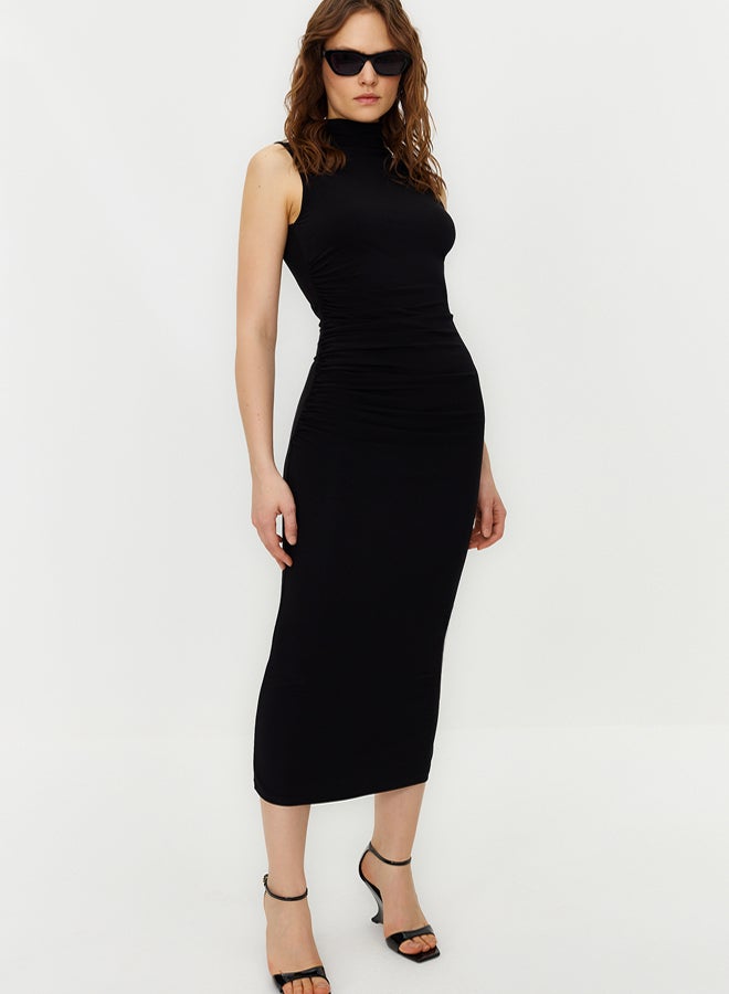 trendyol Black Zero Sleeve Draped Bodycone/Fits Body Flexible Knitted Maxi Pencil Dress - Image 2