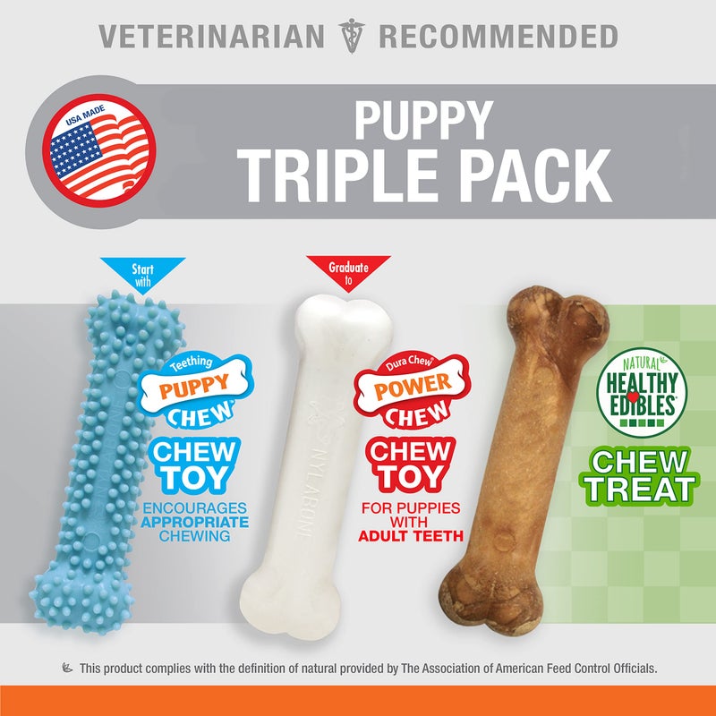 Nylabone New Puppy Starter Kit, Chew Toys & Natural Chew Treat for Puppies, Puppy Enrichment Teething Toys, Blue, Long Lasting Chicken & Bacon Flavor, Small Dogs - Up to 25 Ibs, 3 Pack - Image 3