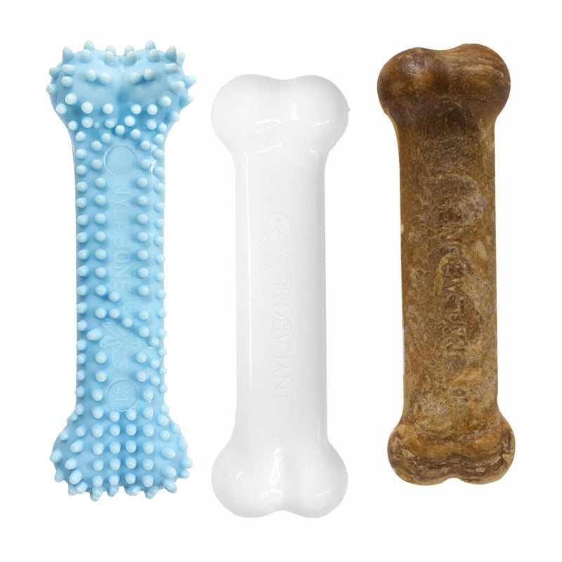 Nylabone New Puppy Starter Kit, Chew Toys & Natural Chew Treat for Puppies, Puppy Enrichment Teething Toys, Blue, Long Lasting Chicken & Bacon Flavor, Small Dogs - Up to 25 Ibs, 3 Pack - Image 1
