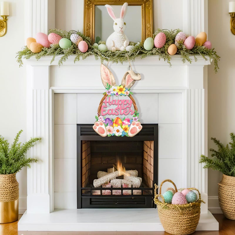 Sophena Wooden Easter Decoration Door Wreath for Front Door Sign Wall Signs Rabbit Spring Decoration, Hollow Bunny Sign Flower Egg Welcome Hanging for Home Wall Decor Party Outdoor indoor Supply Happy Easter - Image 2