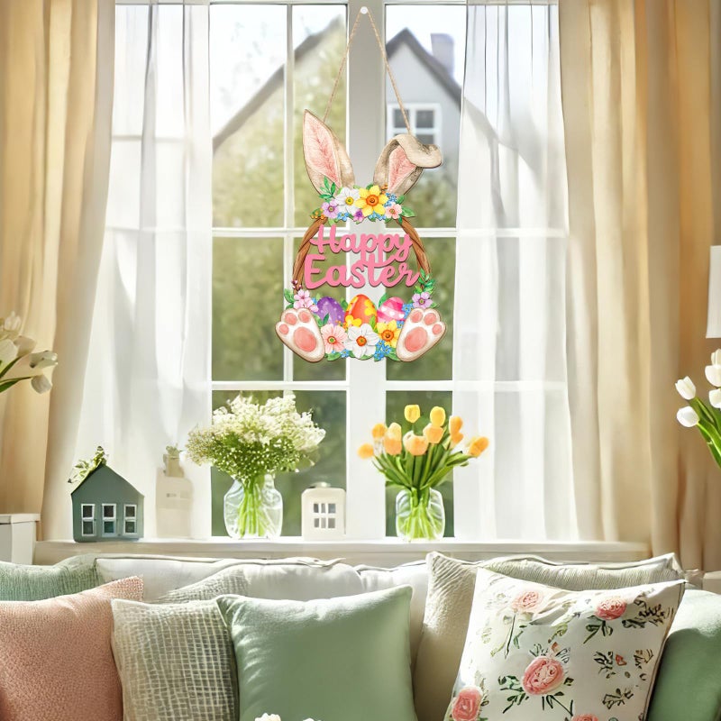 Sophena Wooden Easter Decoration Door Wreath for Front Door Sign Wall Signs Rabbit Spring Decoration, Hollow Bunny Sign Flower Egg Welcome Hanging for Home Wall Decor Party Outdoor indoor Supply Happy Easter - Image 5
