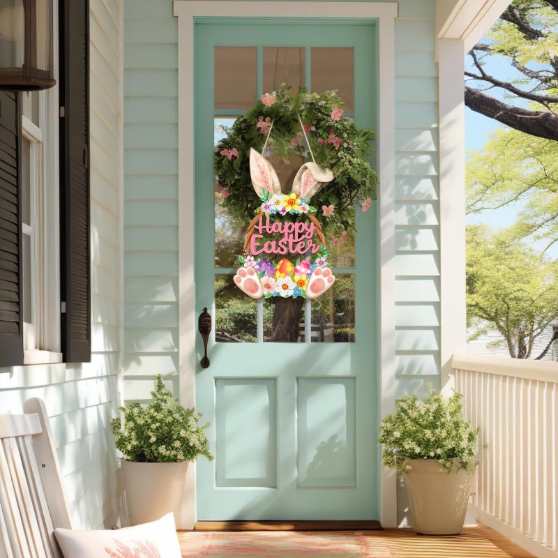 Sophena Wooden Easter Decoration Door Wreath for Front Door Sign Wall Signs Rabbit Spring Decoration, Hollow Bunny Sign Flower Egg Welcome Hanging for Home Wall Decor Party Outdoor indoor Supply Happy Easter - Image 4