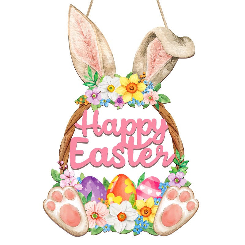 Sophena Wooden Easter Decoration Door Wreath for Front Door Sign Wall Signs Rabbit Spring Decoration, Hollow Bunny Sign Flower Egg Welcome Hanging for Home Wall Decor Party Outdoor indoor Supply Happy Easter - Image 1