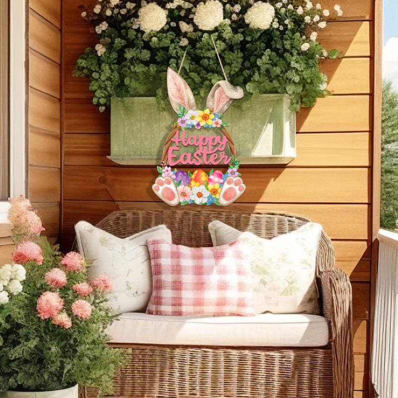 Sophena Wooden Easter Decoration Door Wreath for Front Door Sign Wall Signs Rabbit Spring Decoration, Hollow Bunny Sign Flower Egg Welcome Hanging for Home Wall Decor Party Outdoor indoor Supply Happy Easter - Image 3