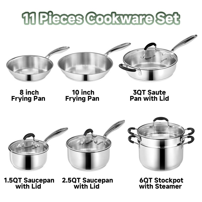 SLOTTET Stainless Steel Kitchen Cookware Set,11 Piece Pots and Pans Set with Steamer,Heat-resistant Handle,Non-Toxic,Induction,Oven,Dishwasher Safe - Image 2