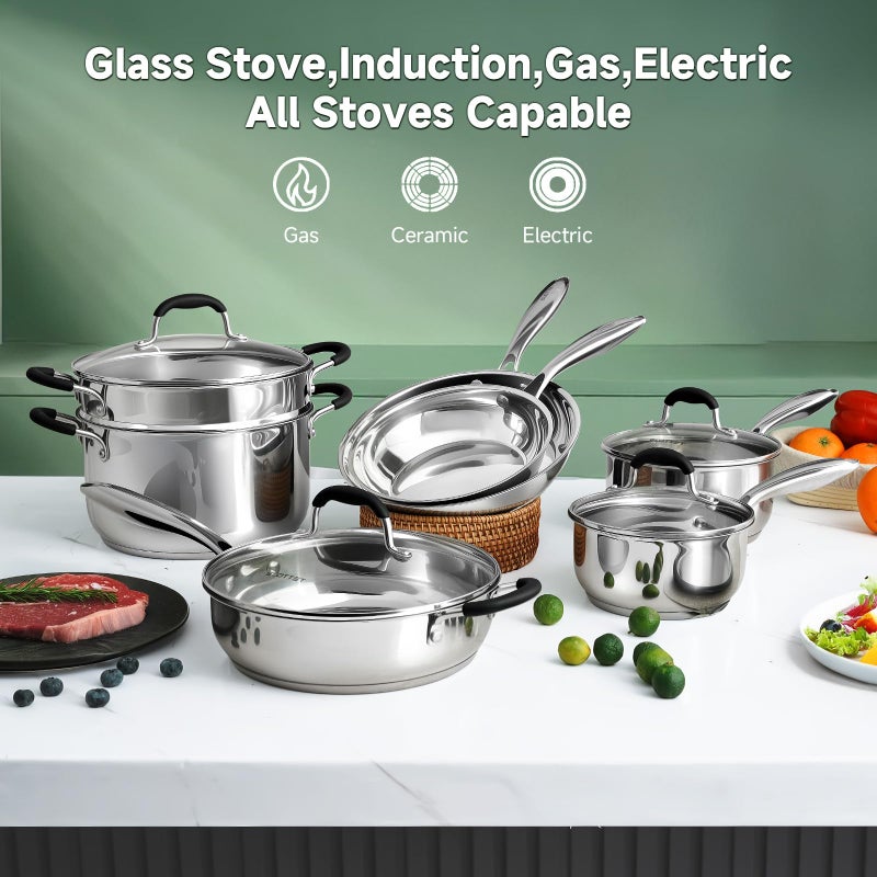 SLOTTET Stainless Steel Kitchen Cookware Set,11 Piece Pots and Pans Set with Steamer,Heat-resistant Handle,Non-Toxic,Induction,Oven,Dishwasher Safe - Image 3