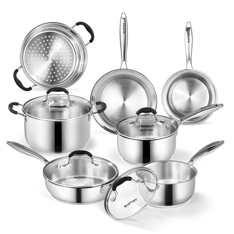 SLOTTET Stainless Steel Kitchen Cookware Set,11 Piece Pots and Pans Set with Steamer,Heat-resistant Handle,Non-Toxic,Induction,Oven,Dishwasher Safe - Image 1