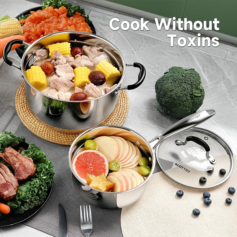 SLOTTET Stainless Steel Kitchen Cookware Set,11 Piece Pots and Pans Set with Steamer,Heat-resistant Handle,Non-Toxic,Induction,Oven,Dishwasher Safe - Image 4