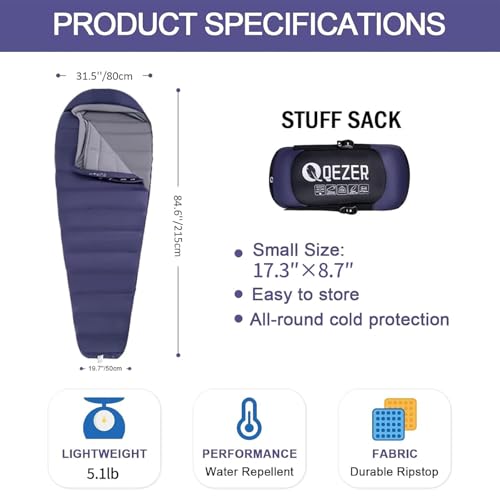 QEZER Down Mummy Sleeping Bag for Adults, 18°F to -11°F Cold Weather Winter Lightweight Compact for Camping Backpacking Hiking, Snow Camping Sleeping Bag with 600 Fill Power Down - Image 2