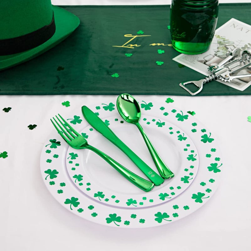 WDF 125pcs St. Patricks Day Plastic Plates with Shamrock Clover & Disposable Silverware - Premium White and Green Plastic Dinnerware for Wedding &Parties  Special for St. Patricks Day - Image 2